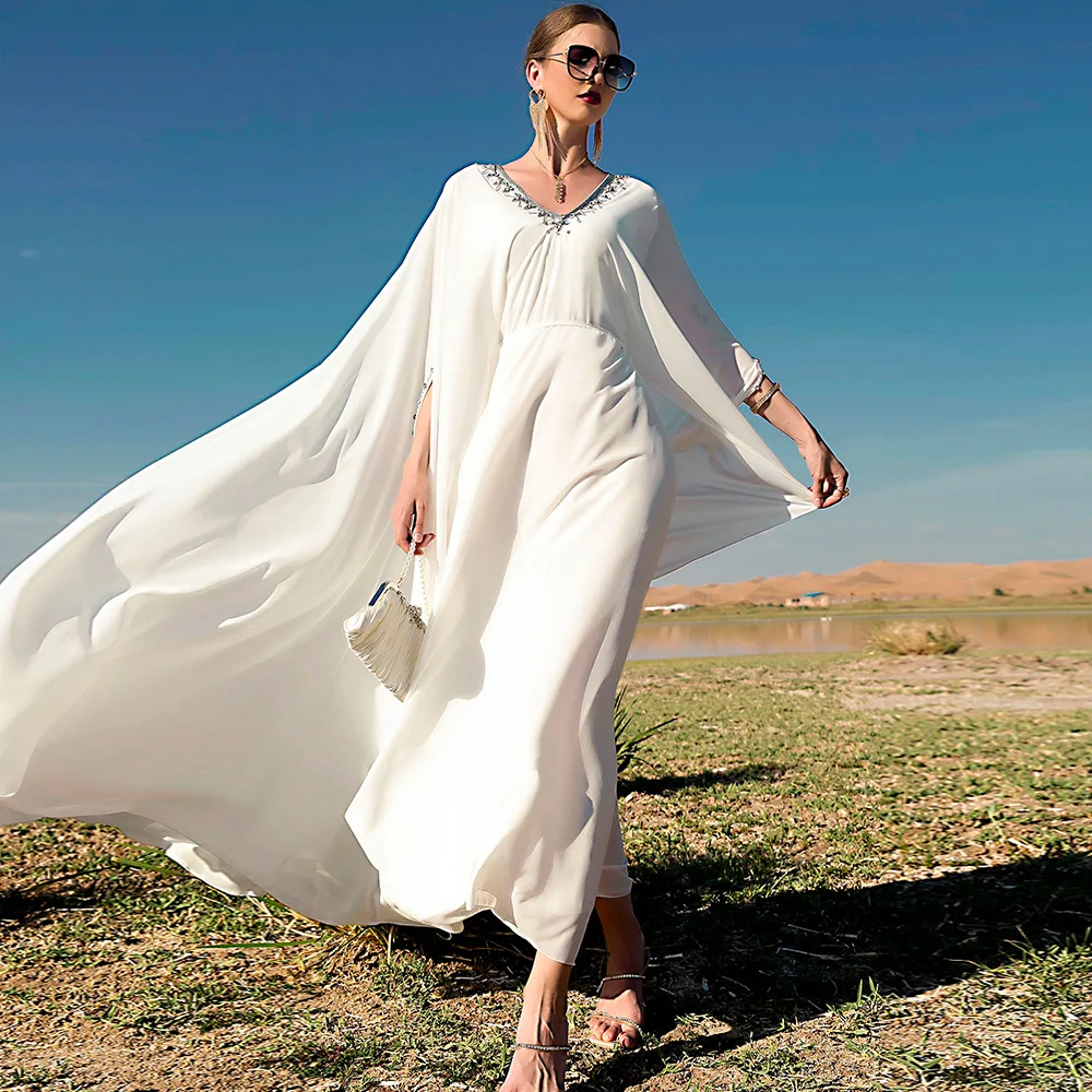 

Elegant white muslim abaya women simple fashion wedding muslim dress