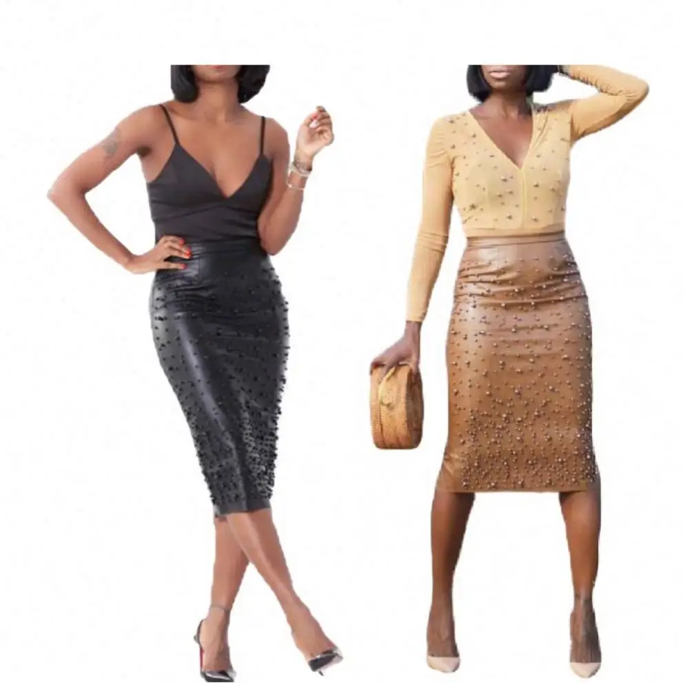 

2020 New Design Beading Forking Stretchy Women Leather Bodycon Skirt Casual Short Dress