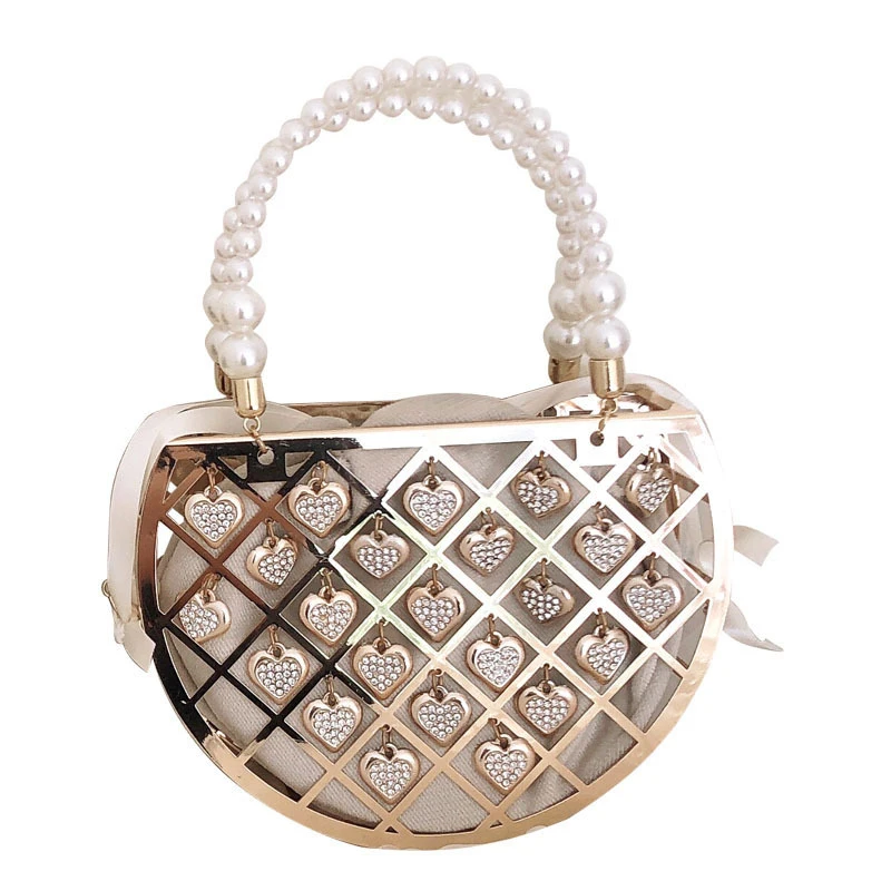 

2021 new trendy hollow out women chain wedding party purse diamond clutch evening bags ladies with pearl handle, 2 colors