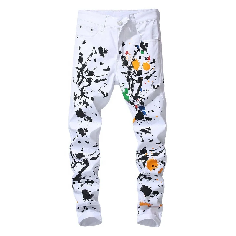 

5047 White Jean Pants For Men China Jean Custom Painting Jean Denim Men Straight Trousers