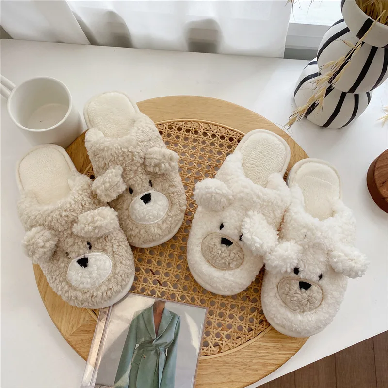 

Cute Unisex Wool Dog 3D Cartoon Fluffy Plush Indoor Lady Slipper Womens Slippers For House slippers for women, As picture