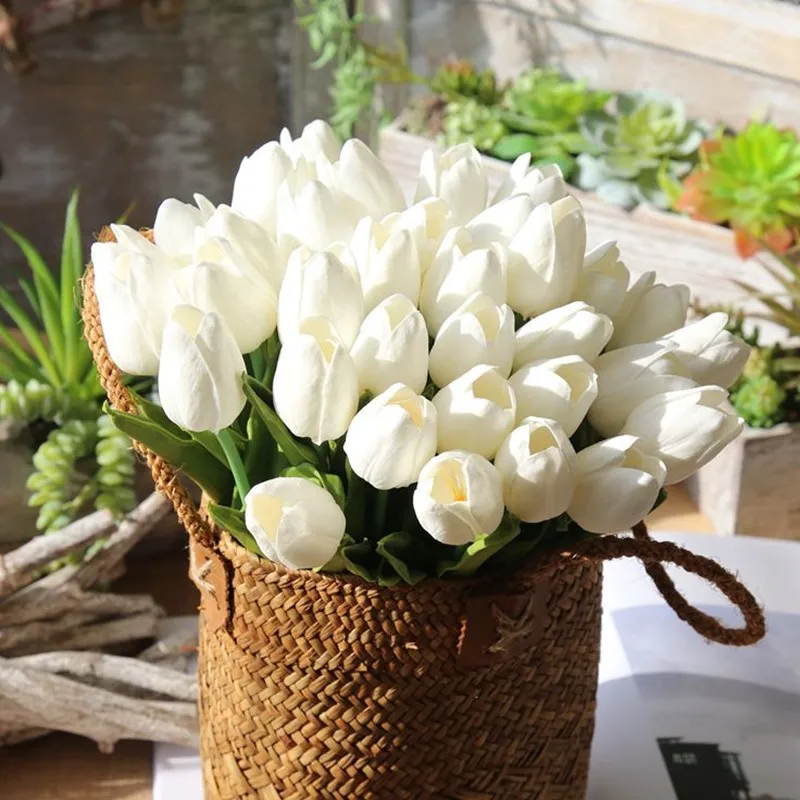 

O-X300 Wedding Decorative Tulip Artificial Flowers Bouquet Real Touch PU White Artificial Latex Tulips Flower