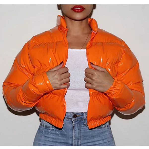 

Thick Bright Color Short Cotton Coat with Stand Windproof Collar Women Street Zipper Plus Size Women's Coats