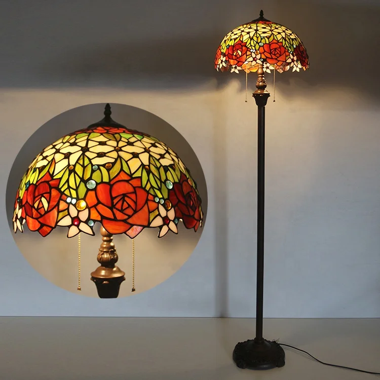 

Tiffany Lamp Stained Glass Coffee Floor Lamp 64 Inch Tall Crystal Bead Red Rose Shade 2 Light Antique Style Resin Base for Livin