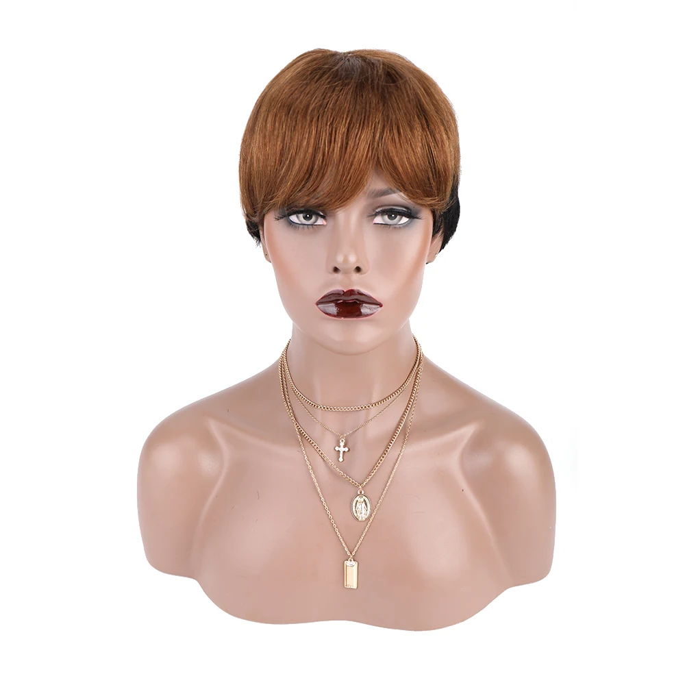 

Short Pixie Cut Bangs Wigs Brazilian Human Hair Mixed Blonde Brown Short Blonde With Bangs For Black Women