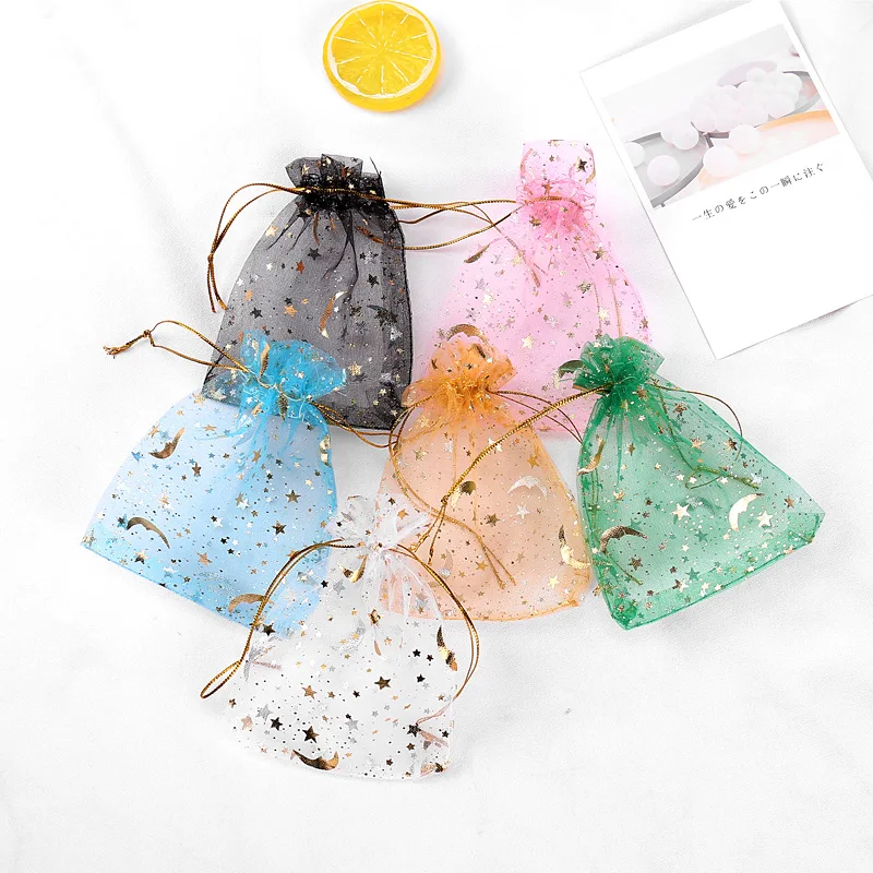 

Small Sheer Gilding Organza Bags Mixed Color Moon Stars Wedding Party Favor Drawstring Bags for Jewelry Gift Mesh Pouch