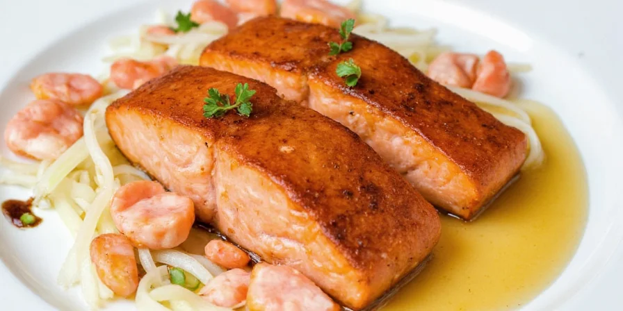 Honey and balsamic glazed salmon on a plate with herbs