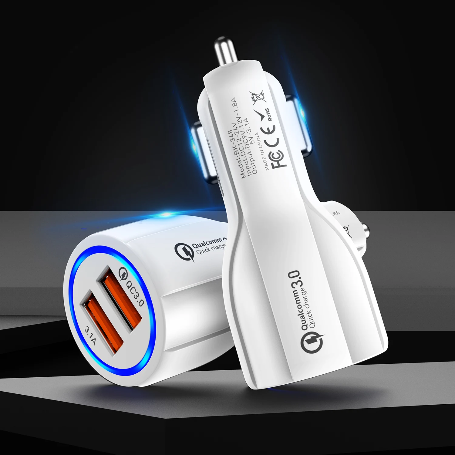 

USLION QC3.0 and 5V 3.1A USB Fast Charging 2 Usb Port Quick Charger 3.0 USB Car Charger for Mobile Phone, Black,white