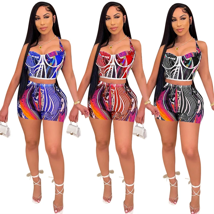 

DUODUOCOLOR Fashion leisure new style sexy round neck sleeveless vest print tracksuit 2021 summer two piece shorts set D10195