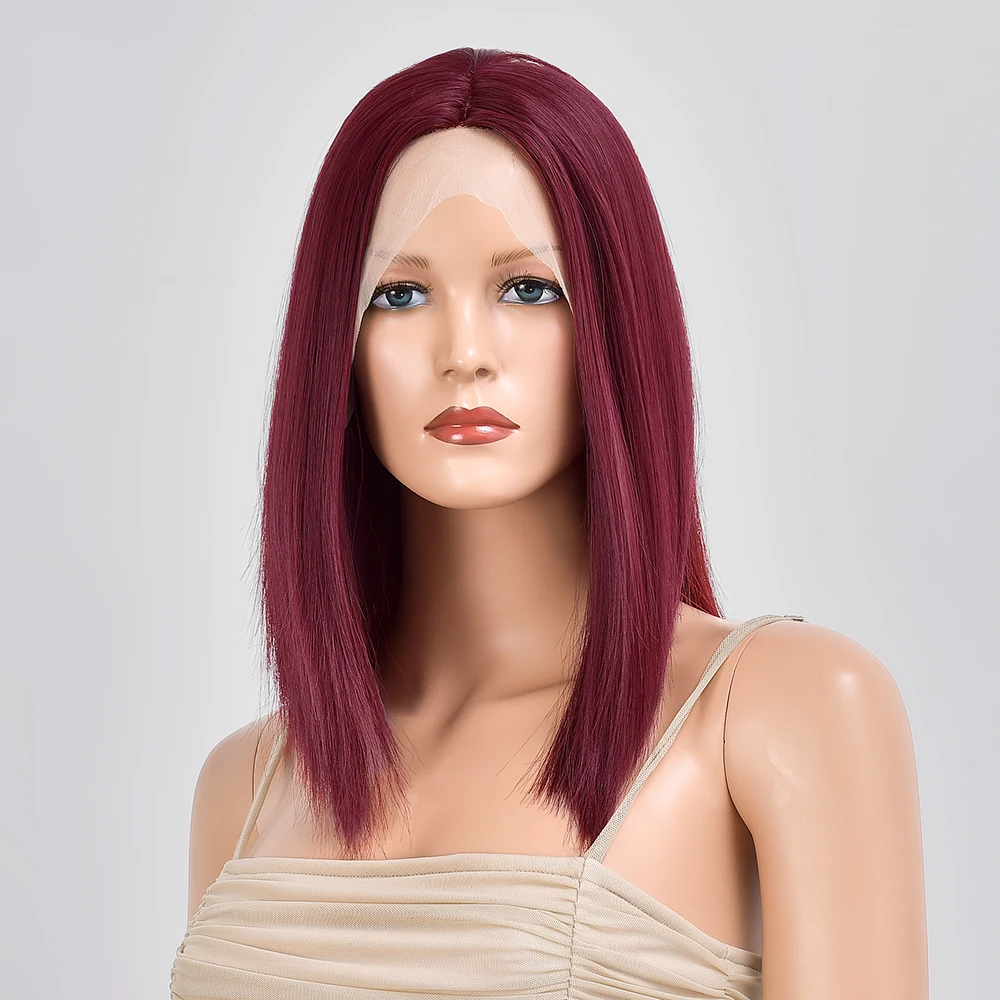 

Fast Delivery From Stock 14 Inch Swiss Lace Wig Red Synthetic Lace Frontal Wig For Black Women, Pic showed