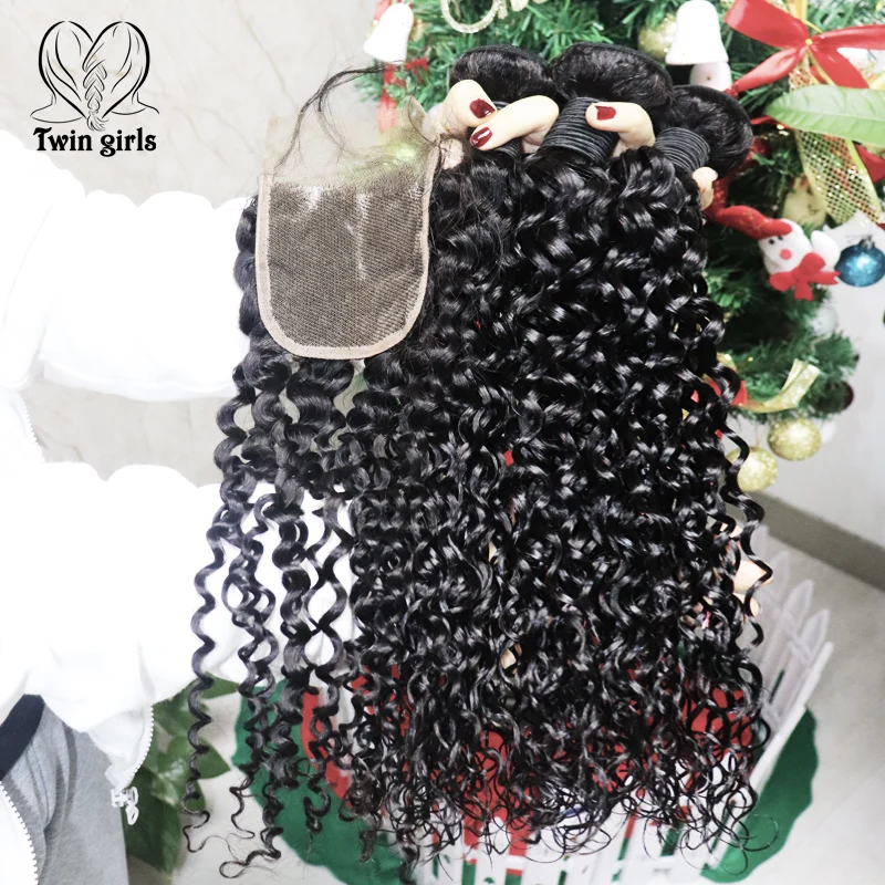 

1B# Jerry Curly Hairs Free Shipping 3 bundles with Transparent Lace closure Factory 100% Unprocessed Virgin Hair Extension