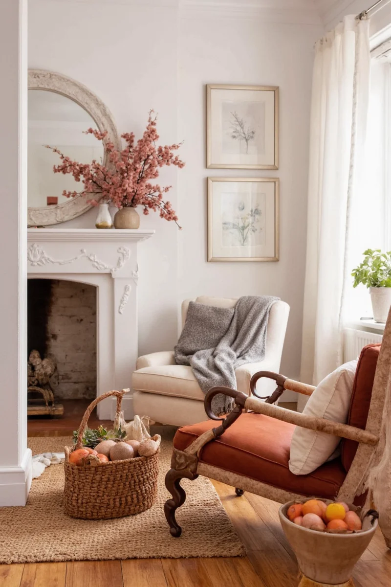 Natural wood table surrounded by rust-toned cushions