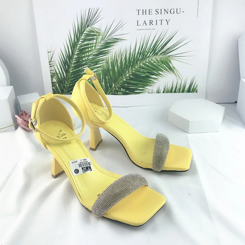 

Diamante detail square peep toe women shoes thin block heel ankle wrap lady pumps summer fashion sexy female sandals