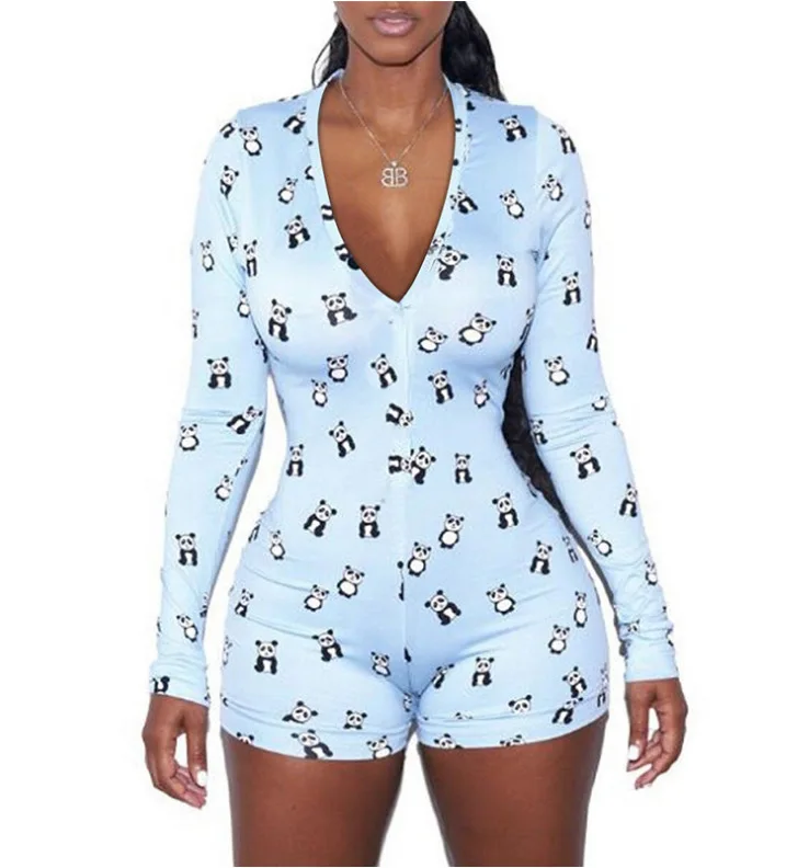 

2021 Women Deep V-neck Printed Long Sleeve Button Jumpsuit Tight Fitting Jumpsuit Women