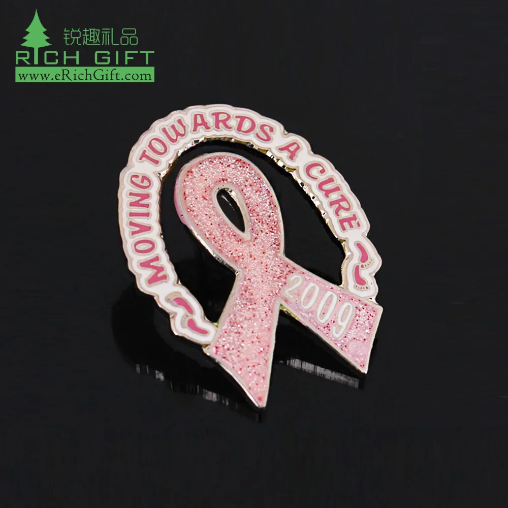 

Online shopping unique gold finish die cut metal brooch silk purple pink red breast cancer awareness ribbon lapel pin badges