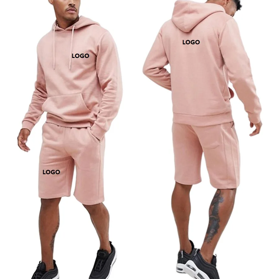 

custom logo solid hommes hoodie two piece set sweatsuit wholesale bulk men 100% cotton plain sweat suit shorts set, Pink or oem