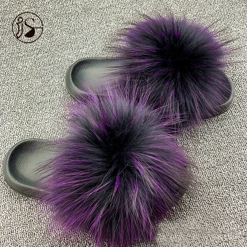 

Wholesale price colorful real fur slippers flush soft raccoon fur sandals outdoor ladies shoes fur slides for women, Picture