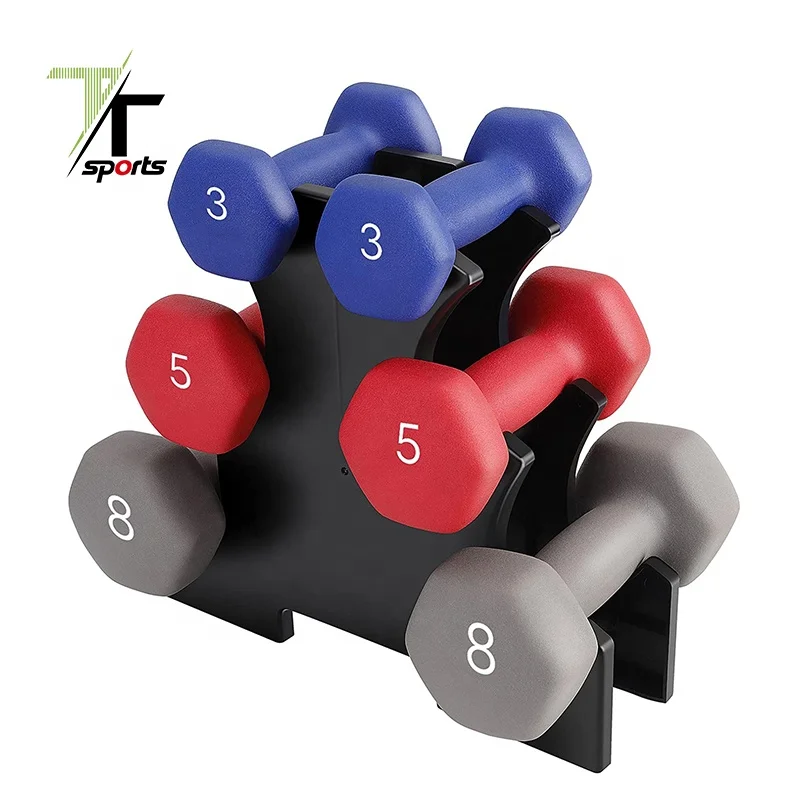 

TTSPORTS Gym Equipment Colorful Neoprene Iron Hex Dumbbell With Storage Stand, Blue/orange/hot pink;purple/red/green or custom color