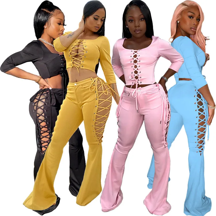 

Stylish Ladies Elegant Outfits Bandage Flare Pants Street Wear Fall Women Two Piece Sets, Picture shown