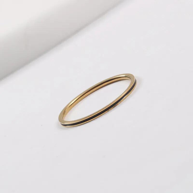 Joolim Jewelry 18K Gold Plated  Stainless Steel Lines Black Enamel Super Fine Dainty Rings for Women