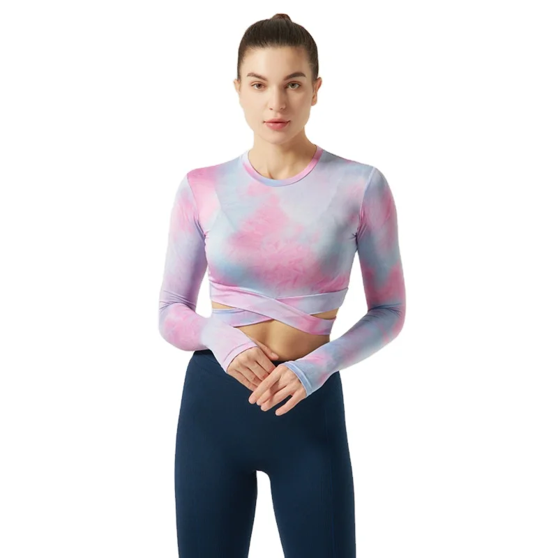 

New Fashion Tie-dyed Women Fitness T-shirt Sports Round-neck Long Sleeved Top, Yellow purple