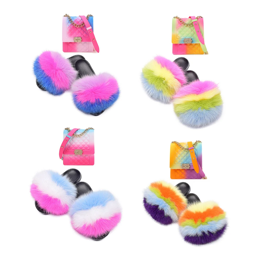 

2021 Matching Fur Women's Sandals and Bag Set for Women Lady Tote PVC Hand Bag Small Jelly Purse and Shoe Sets, Customizable