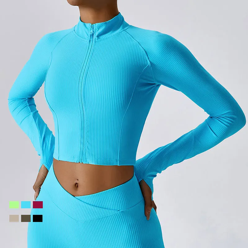 

Women Full Zip Long Sleeve Workout Cropped Jackets Slim Fit Ribbed Athletic Yoga Running Tops with Thumb Holes