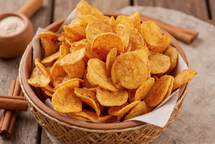 Perfectly golden baked cinnamon chips arranged in a basket with cinnamon sticks