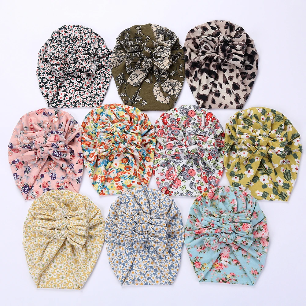 

Double Layer Bow Twisted Knotted Hat Floral and Leopard Soft Cotton With Spandex Baby Turban Girl Hair Accessories
