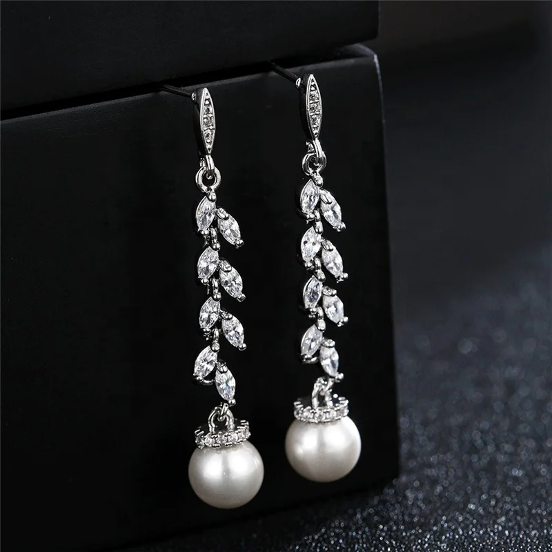 

Luxury New Leaf Long Zirconia Zircon Pearl Pendant Earrings For Women CZ Drop Earring Bridal Wedding Jewelry 2022 New Design