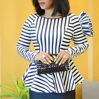 

Modest Office Navy Blue Peplum Flower Ruffle Women Striped Blouse Tops