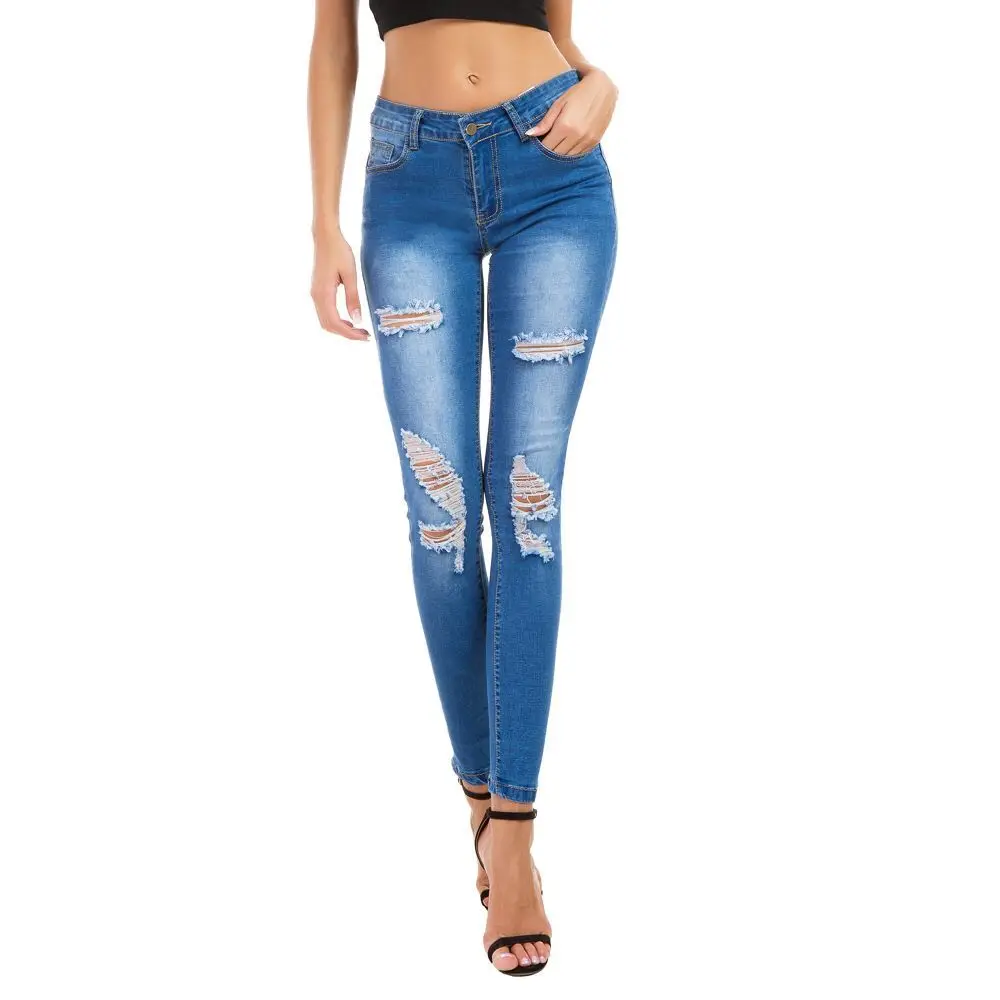 

Foreign trade new fashion European and American style beauty clothing stretch ripped slim jeans for women, Blue,dark blue