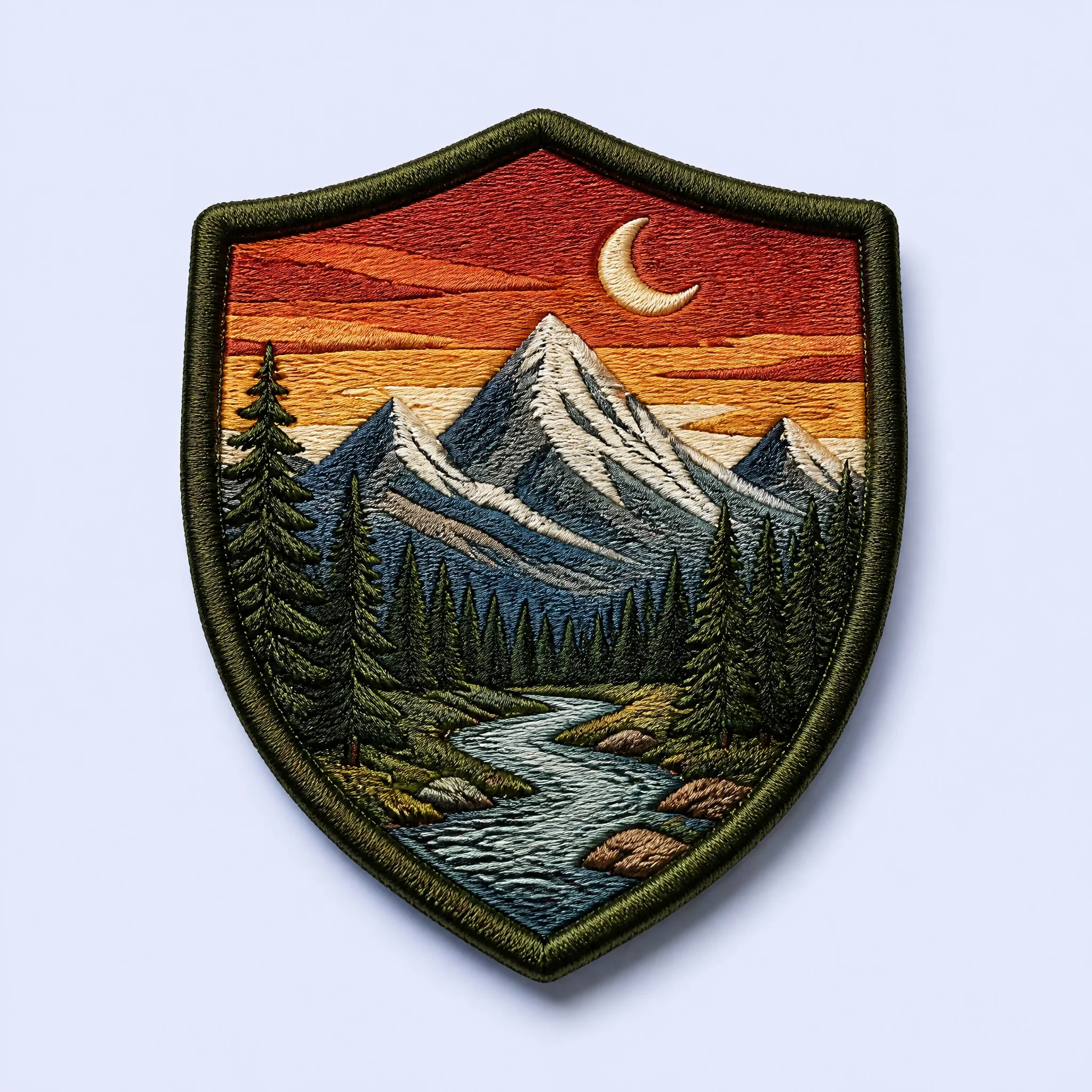 Custom Shield Mountain Landscape Embroidered Patch with Sunset Orange Red Sky, Crescent Moon, Snow Peak, Winding River, and Pine Forest