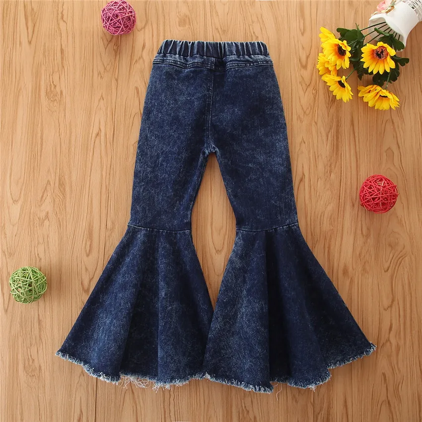 

Wholesale Baby Girls Pants Denim Bell Bottom Kids Boutique Fashionable Children Toddler Blue Double Flared Pants Jeans, As picture