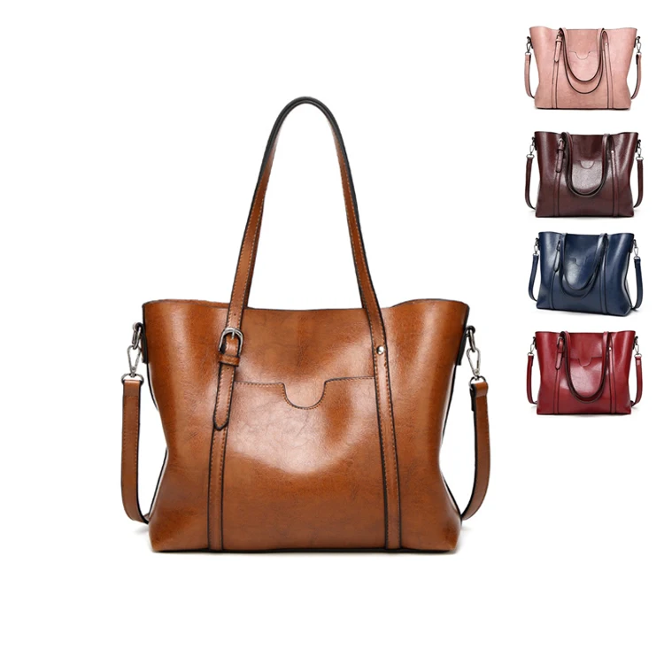 

Osgoodway2 Wholesale fashion oil wax PU leather handbags stylish ladies big women shoulder hand bag, 9 color options