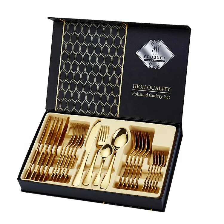 

24 Piece Gold Wedding Flatware gift box packing steak knife fork spoon Matte Cutlery Set Stainless Steel, Sivler/rose gold/gold /black/multi color