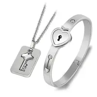 

Stainless Steel Concentric Love Lock Bangle Birthday Gift Lock Key Pendant Couple Jewelry Set Bracelet Necklace Heart Bracelet