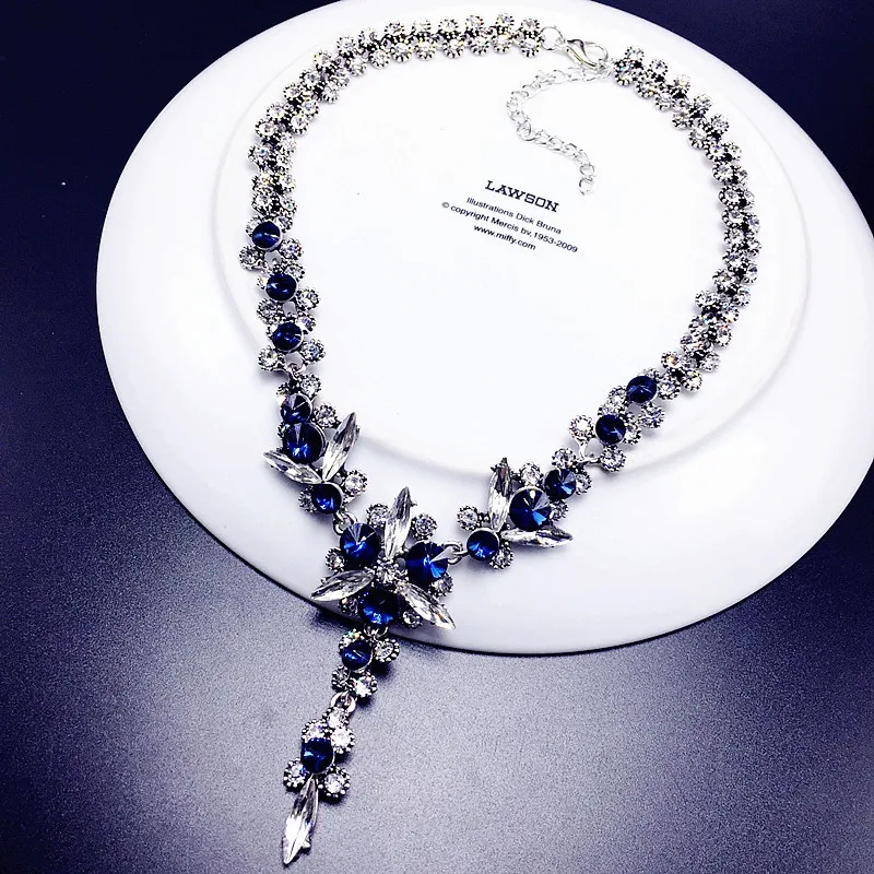 

Ruigang Luxury High Quality European Wedding Party Cubic Zircon Jewelry Blue White Ice Crystal Flower Sweater Necklace