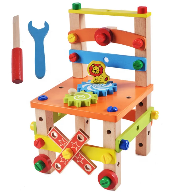 Multipurpose Baby Preten Toys More-in-one Kids Wooden DIY Nut Screws Tools Assemble Wooden Chair Toy