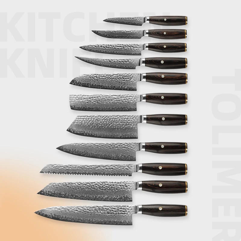 

Ready to ship TOLIMER japanese hammered 12pcs damascus knife set with colored wood+shell nails handle