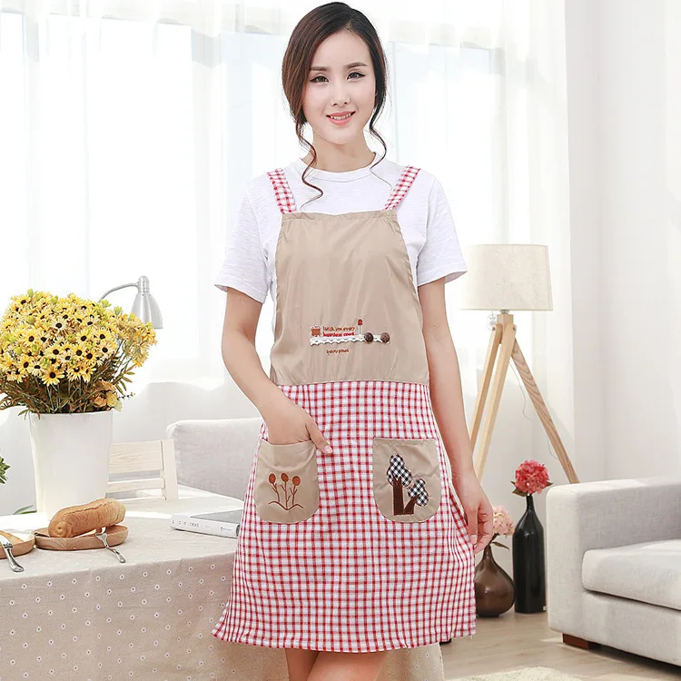

Korean Embroidery Shoulder Strap Type Happiness Tree Lady Cotton And Linen Kitchen Oil-proof Apron, Red plaid, purple plaid, gray plaid