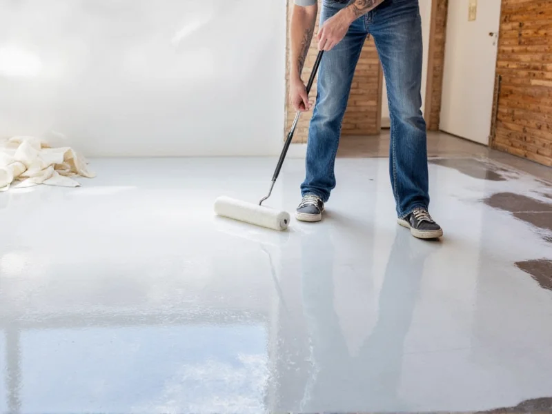 Applying epoxy coating with roller on garage floor