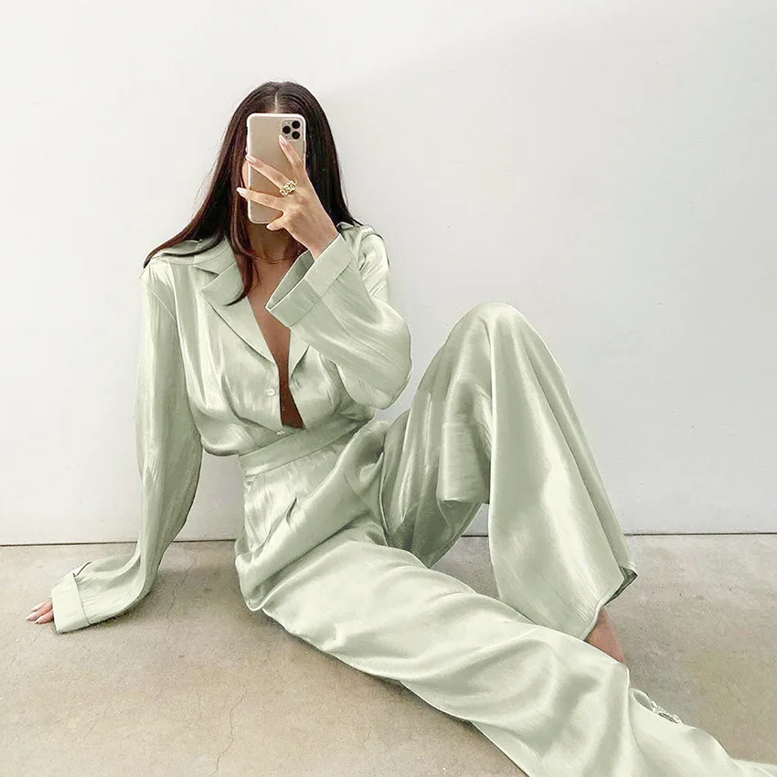 

New Fall 2021 New Long Sleeved Loose Shirt Trousers Suit Solid Color Satin Long Sleeve Top Pants Set Women Outfits Clothing, Purple, black, green, blue, brown