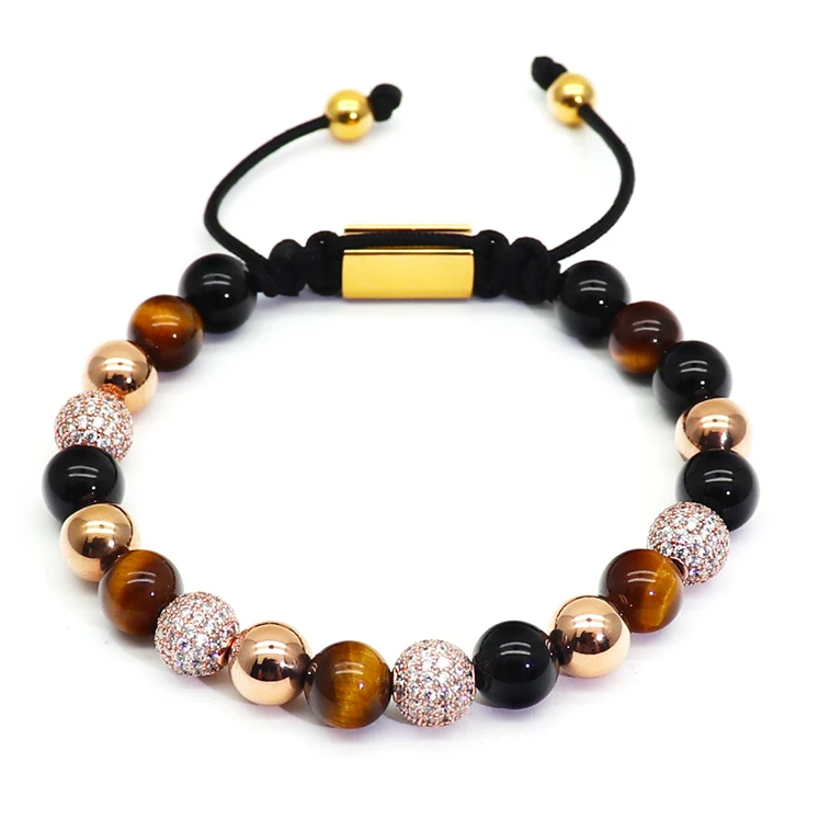

Viya Jewelry 8mm Natural gemstone Tiger eye Lapis black onyx handmade beads bracelet with CZ Pave ball men beads bracelet