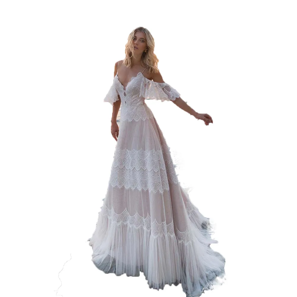 

S908F New Deep V Neck Sling Dress Light party wedding dress ball gown, White