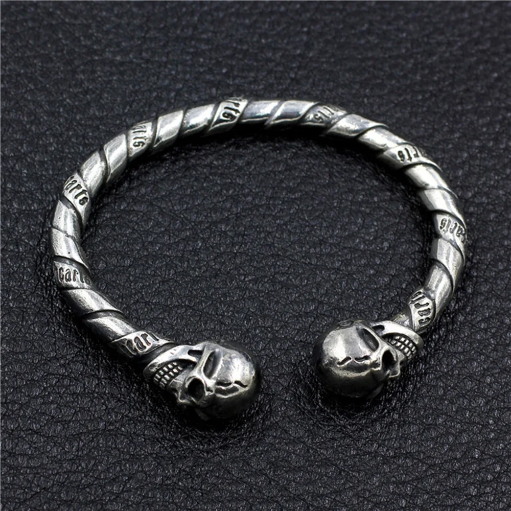 

Real 925 Silver Jewelry Skeleton Cuff Bangle with Double Skull Heads Handmade Retro Punk Bangle for Men and Women