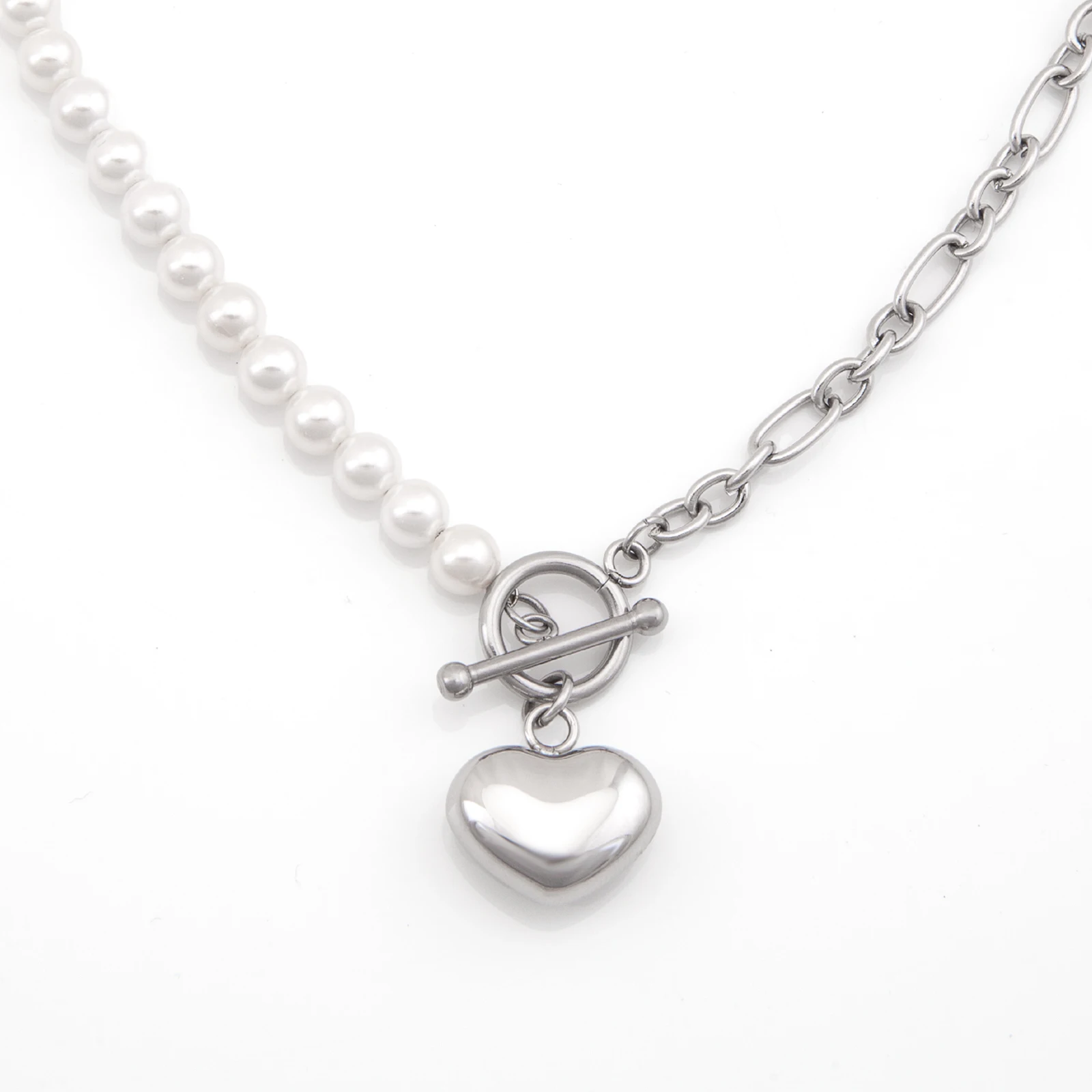 

Hot sale hip-hop style jewelry love heart OT Clasp pendant pearl stainless steel choker chain necklace women's, Silver