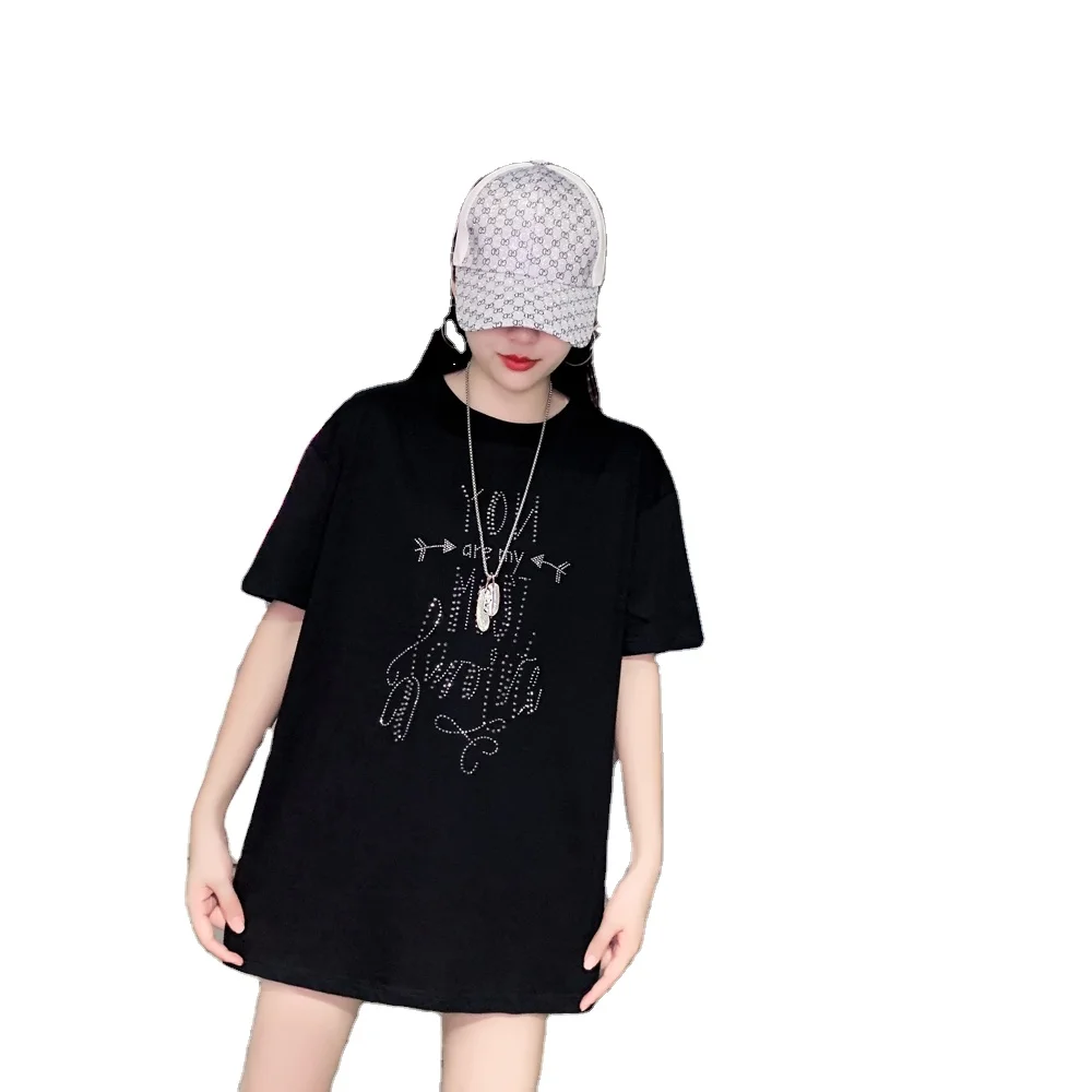 

2021 summer Rhinestone cotton T Shirts women Cropped Streetwear Fashion Top Tee Short sleeve plus size T-shirt for girls