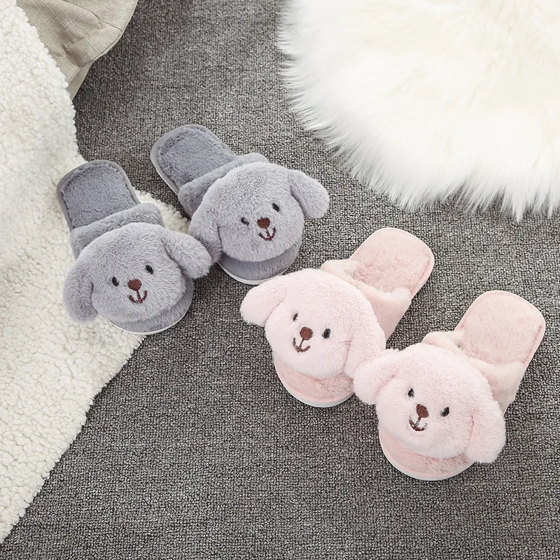 

Winter Home Cartoon Dog Slippers Warm Indoor Mother Daughter Women's Plush Shoes Girl Pantufas Fur Slippers for Women PVC