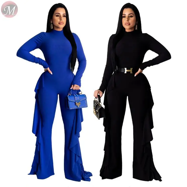 9112226 lowest price solid ruffle edge wide leg Long Sleeve Rib Women Trendy Casual jumpsuit